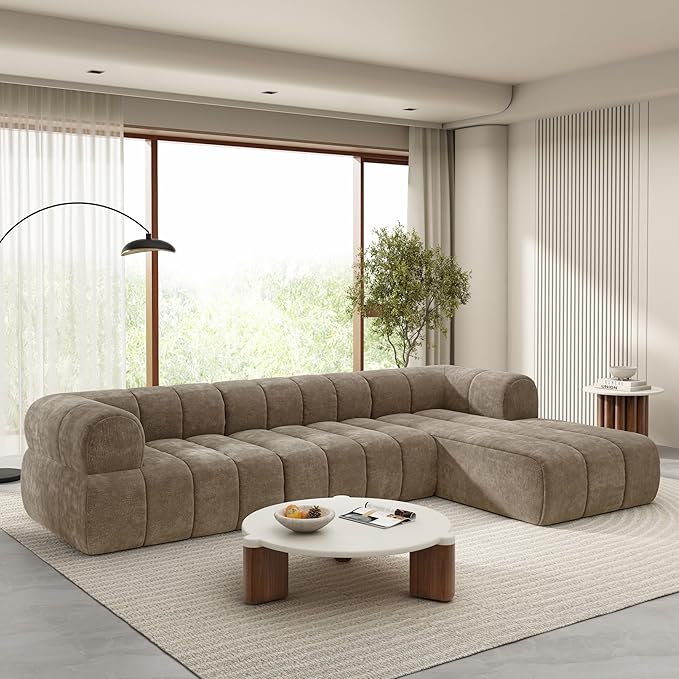 Christopher Knight Home Mania 122 Modular L-Shape Sofa Couch with Chaise Lounge Modern Sectional Sofa Set for Living Room Boucle Fabric Upholstered Cloud Couch with Deep Seat Brown