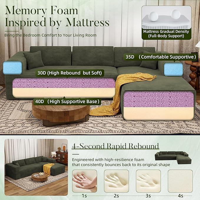 108 Cloud Sectional Couch with L-Shape ChaiseModern Corduroy Boneless Sofa with Deep SeatWide Armrest High Rebound Living Room Sectional CouchNo Assembly Required(Right ChaiseGreen)