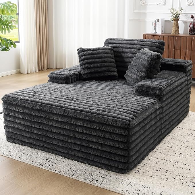 Jocisland 67 inch Chaise Lounge No-Assembly Sofa Chaise with Throw Pillows and Armrests Faux Fur Sleeper Sofa for Living Room Apartments Gray