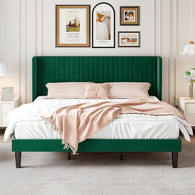SHA CERLIN King Size Velvet Bed Frame with Vertical Channel Tufted Wingback Headboard Upholstered Platform Bed with Wood Slats No Box Spring Needed Easy Assembly Green