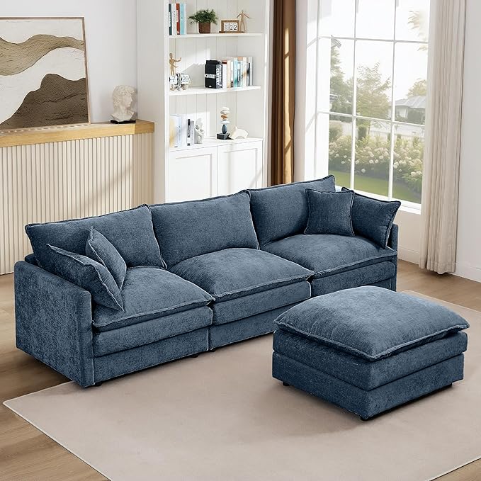 102 Cloud Sectional Couch Modular L Shaped Sofa with Movable Ottoman Comfy Chenille Deep Seat Sofa with Throw Pillows 3-Seater Cloud Couches for Living Room Apartment
