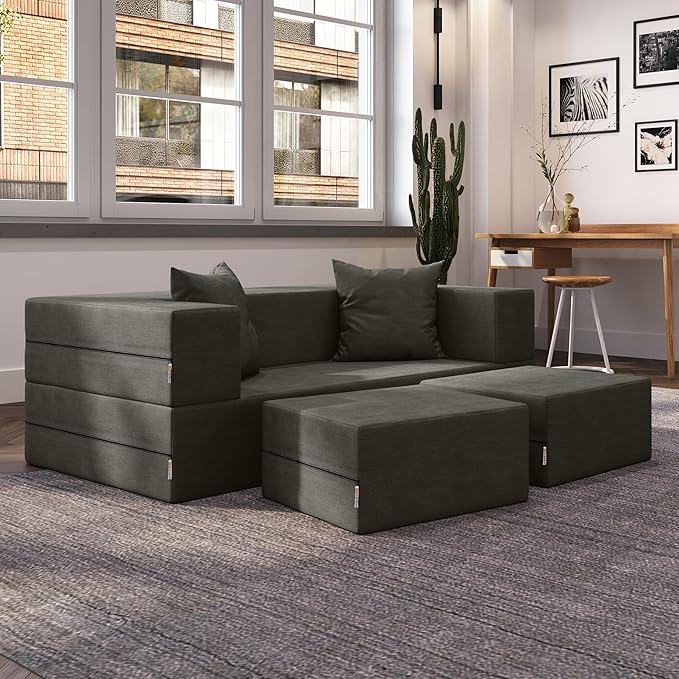 Jaxx Zipline Convertible Sleeper Loveseat &amp Ottomans Textured Microvelvet - Charcoal