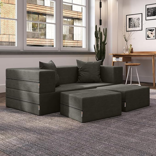 Jaxx Zipline Convertible Sleeper Loveseat &amp Ottomans Textured Microvelvet - Charcoal
