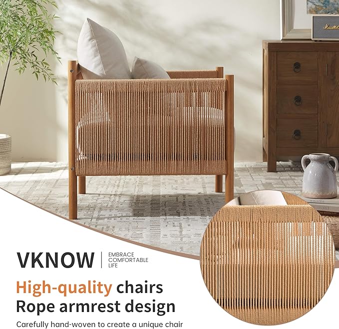 VKNOW Braid Armchair Boho Accent Chair with Solid Wooden Backrest and Armrest Rattan Chair with Waist Pillow for BedroomLiving RoomReading Room Beige
