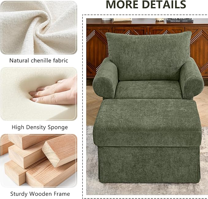 Living Room Chairs with Ottoman Small Accent Chair for Bedroom Single Sofa Couch with Chenille Fabric for Apartment and Small Places (Green)