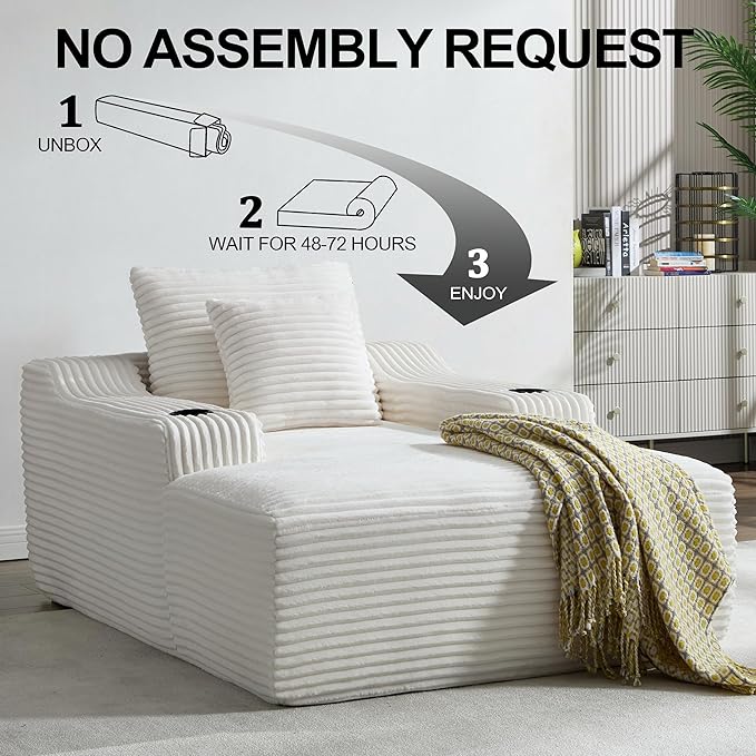 Chaise Lounge Chair Indoor Cloud Sofa Bed with Cup Holders Corduroy Upholstered Couch with 17.71 Seat High Lazy Sofa Bed for Living Room Apart Fully Assembled - White