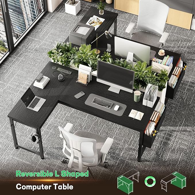 L Shaped Desk Gaming Desk with Power Outlets &amp 0.95 Inch Thicker Desktop Computer Desk with Storage Bag Corner Desk with LED Lights Reversible Office Desk for Home LivingBedroom Black