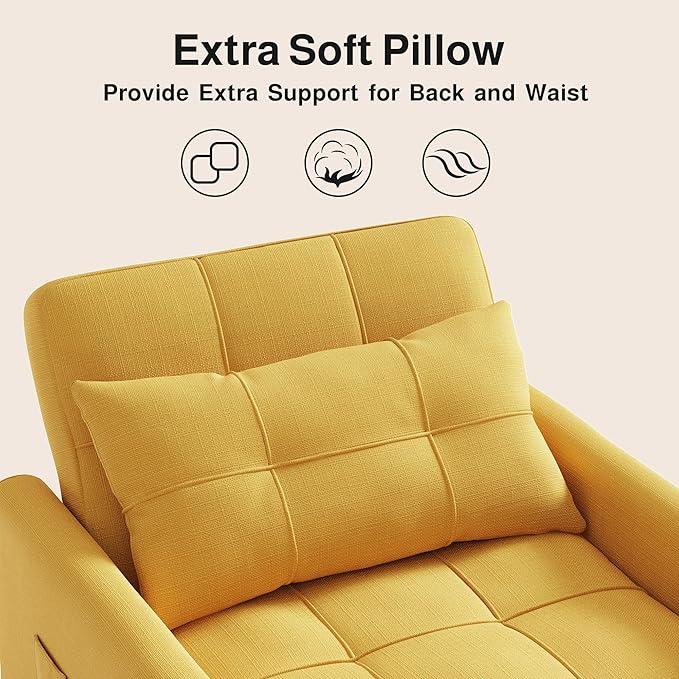 Ahomly Convertible Sleeper Chair Sofa Bed with 3-in-1 Design Adjustable Backrest and Storage Pocket for Living Room Yellow