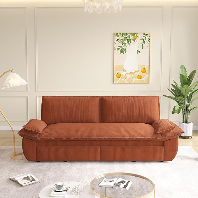 Cilee 73.2 Folding Sofa Bed 3-in-1 Convertible Loveseat Sleeper Sofa Pull Out Futon Sofa Comfy Floor Couch with Storage Pocket &amp 2 Pillows Love Seats Furniture for Living Room Corduroy Oran