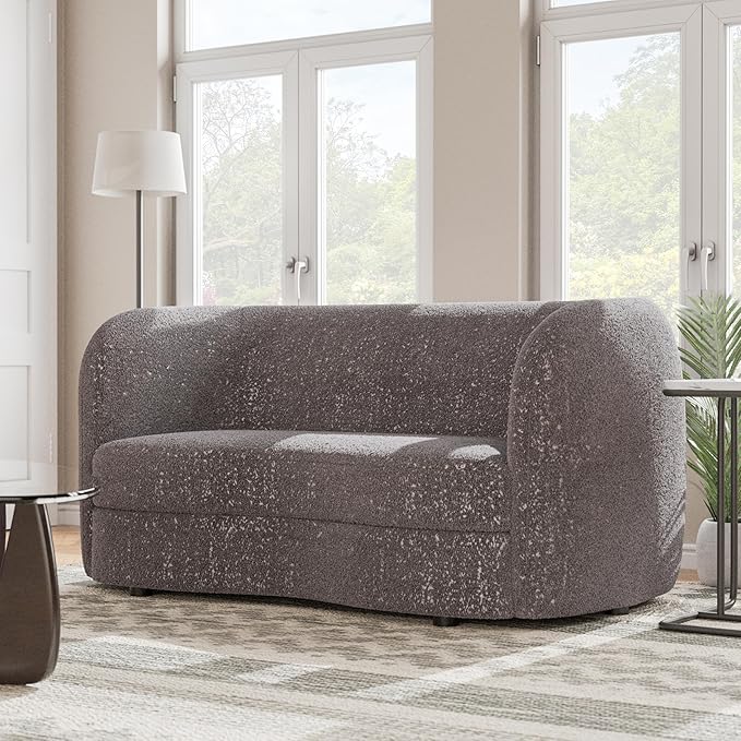 Furniture of America Nimiane Modern Boucle Loveseat Couch with Curved Arms and Wooden Legs Comfy Fabric Upholstered Small Sofa for Living Room Bedroom Home Office Charcoal Gray