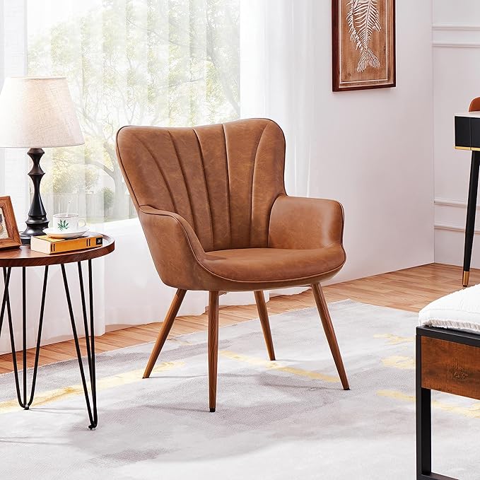 Topeakmart Faux Leather Accent Chair Modern Armchair with Sturdy Metal Legs for Living Room Bedroom Brown