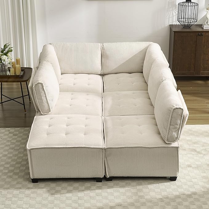 121 U Shaped Modular Sectional Sofa Couch 6 Seat Convertible Upholstered Deep Seat Sleeper Sofa with Chaise Lounge Cloud Couch for Living Room Beige White
