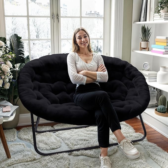 BizChair 56 Portable Folding Double Saucer Chair in Black Faux Fur with a Black Steel Frame for Dorm Living Room or Bedroom