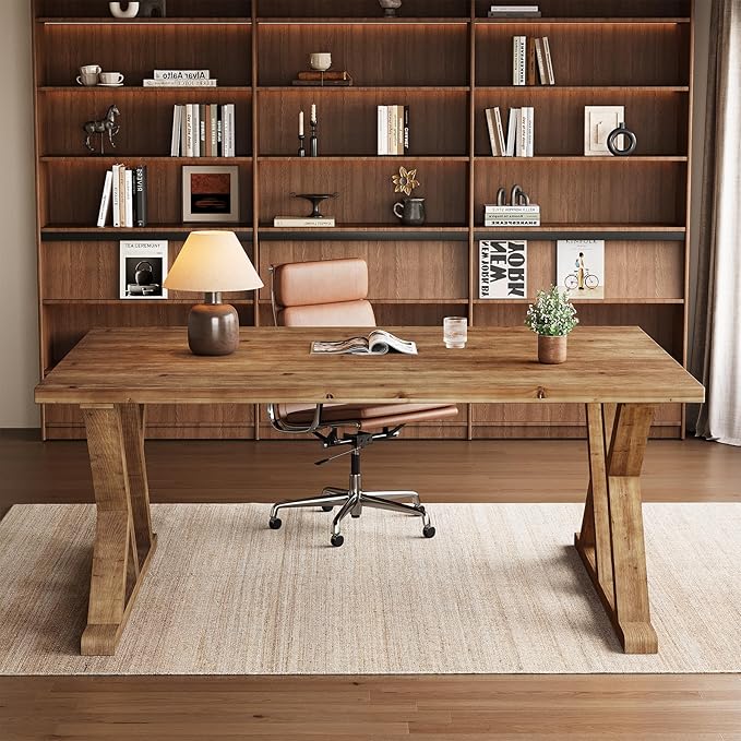63 Solid Wood Executive Desk for Home Office Farmhouse Wooden Large Office Computer Desk Writing Study Table Business Workstation with X Shaped Legs Rustic Brown