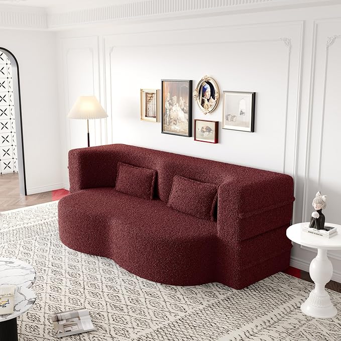 78” Floor Sleeper Sofa Bed Modern 2 in 1 Full Size Foldable Mattress with 2 Pillows Convertible Boneless Couch with Deep Seat for Living Room No Assembly Required (Burgundy &amp Teddy) | No Assemb