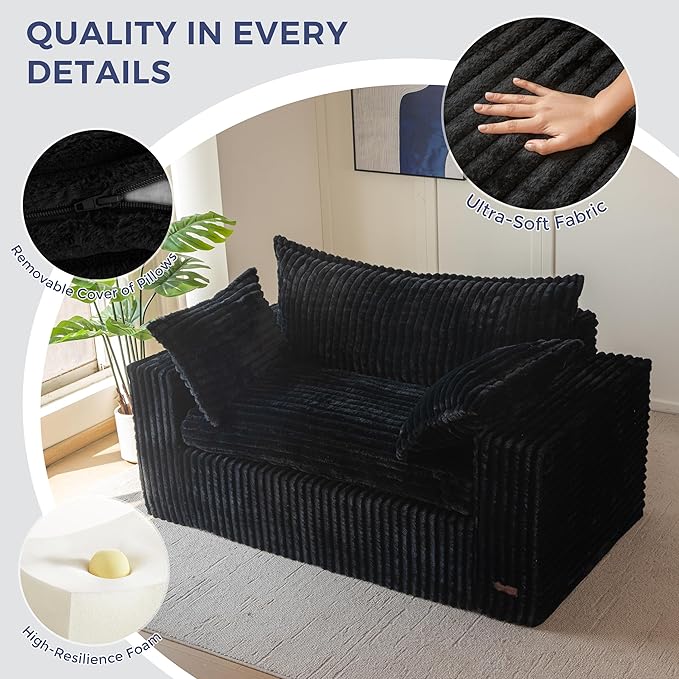 MAXYOYO 59 Bean Bag Sofa Couch Loveseat Boneless Couch in a Box Upholstered Small Mini Sofa with Deep Seating for Living Room Bedroom Office Apartment No Assembly Black