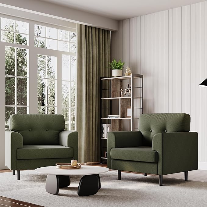 38 Wide Sage Green Accent Chair Modern Linen Upholstered Armchair with High-Density Foam Comfy Reading &amp Lounge Chair for Living Room Bedroom Home Office &amp Reading Nook (Earthy Green Tone