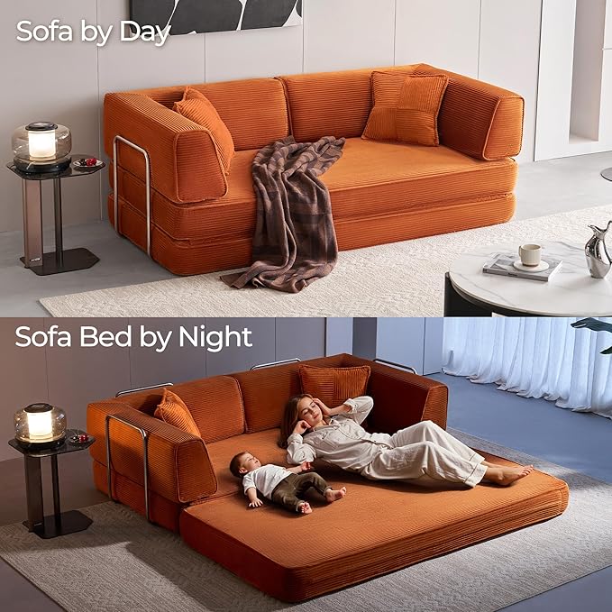 LINSY HOME Sofa Bed Couch - Convertible Boneless Couch Bed with 2 Pillow (Orange) | Folding Sofa Bed Corduroy Material No Assembly Compressed Sofa Couch in a Box