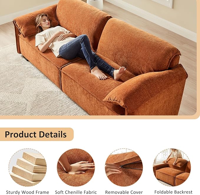 VANOMi 92.9 Sofa Couch for Living Room Modern Comfy 3-Seater Cloud Sofas Chenille Small Couches for Small Spaces Upholstered Deep Seat Couch for Bedroom Apartment (Curry)