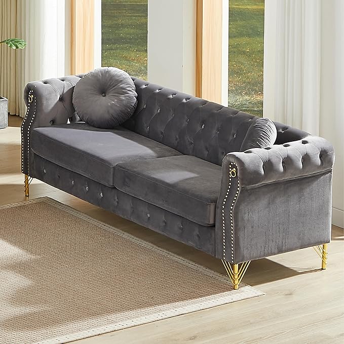 ERYE 82-Inch Button Tufted Sofa Couch with 2 Round Pillows 3 Seat Velvet Tufted Sofa Spacious Chesterfield Loveseat Couches W/Nailhead DecorRing Accent &amp Golden Legs