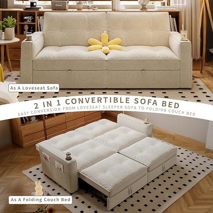73.2 inch 2-in-1 Convertible Sofa Bed with Cup Holder | Space-Saving Sleeper for Small Apartments Dorms &amp Offices | Guest Ready in Seconds (White+Corduroy)