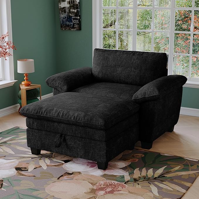 51-Inch Wide Oversized Chenille Recliner Sofa Ottoman with Storage - Upholstered Lounge Chair (Black)