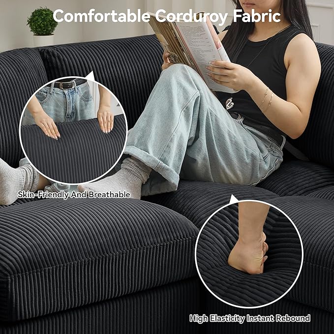 87'' U-Shaped Sectional Sofa with Ottoman 5-Seater Modular Couches for Living Room Corduroy Deep Seat Cloud Sofa with Center Stitched Black