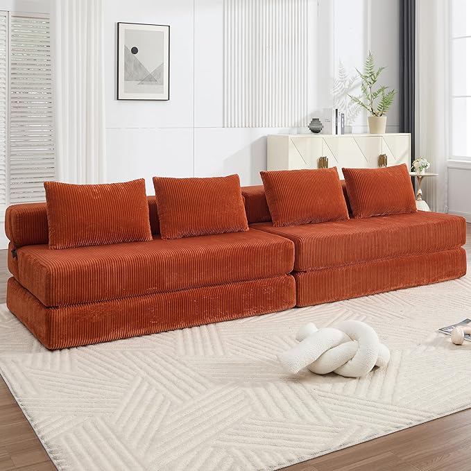 GNIXUU Fold Out Couch 3-in-1 Convertible Futon Sofa Bed with 2 Pillows Corduroy Foldable Floor Chair Boneless Loveseat Couches for Living Room Bedroom Small Spaces Orange