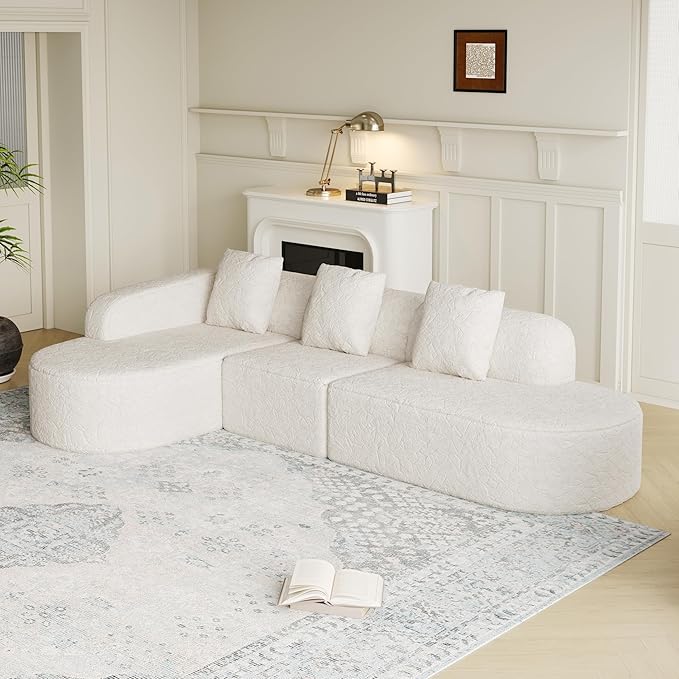 111.8' Curved Sectional Cloud Sofa Modern L Shaped Couch with Chaise &amp Pillows Comfy Upholstered Deep Seat Compression Boneless Sofa for Living Room Office No Assembly Required Left Facing Wh