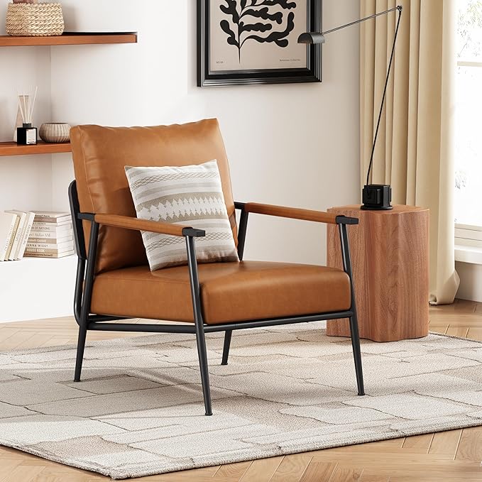 Mid-Century Modern Accent Chair with Brown Faux Leather Upholstery Padded High Backrest Metal Frame and Faux Leather Wrapped Armrests Perfect for Living Room Bedroom or Office