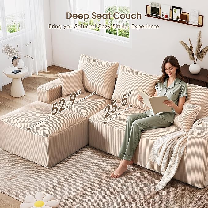 108 Modular Cloud Sectional Sofa 17.8 Comfort Height &amp Neck Pillow Modern Corduroy Couch with L-Shape Oversized Chaise for Living Room Bedroom No Assembly Required (Beige)