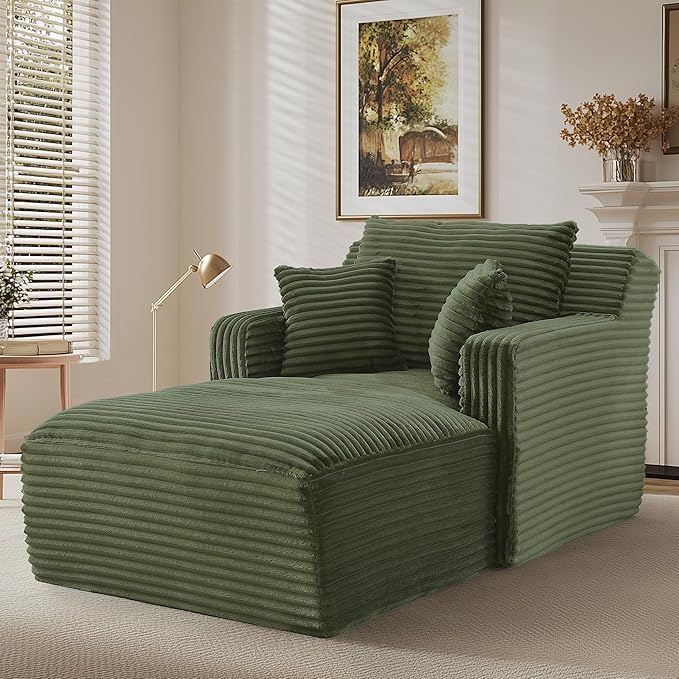 65.4 Green Oversized Chaise Lounge Chair Indoor Modern Corduroy Lounge Couch Comfy Upholstered Sleeper Sofa with Throw Pillows Fluffy Reading Chair Bed for Living Room