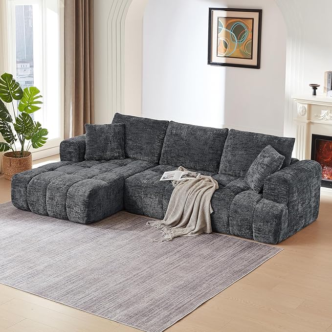 108 Luxury L-Shaped Sectional Sofa 4-Seater Modular Cloud Couch with Pillows Chenille Upholstered Full Foam Floor Sofa for Living Room No Assembly Dark Grey