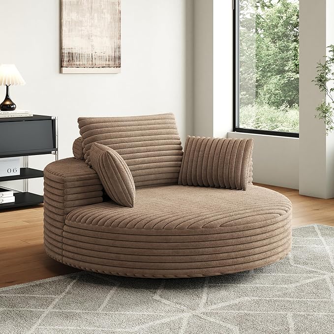 TTK 55” Oversized Corduroy Swivel Chair Fluffy 360° Rotating Sleeper Armchair with Pillows &amp Headrest Full Foam Barrel Chair for Living Room Bedroom Reading Nook Lounge or Apartment Brown