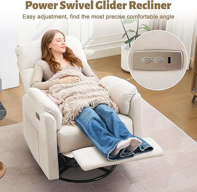 Power Glider Recliner Nursery Rocking Chair with USB Ports Glider Chair with Lumbar Pillow for Living Room Glider Swivel Recliner Chair for Nursery(Beige)