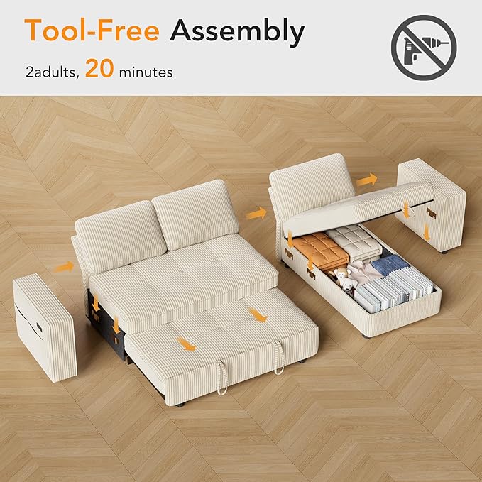 WEUP 81 Sectional Sofa with Pull Out Bed L Shaped 3 Seat Sleeper Sofa with Storage Adjustable Backrest USB Ports Tool-Free Assembly Plush Corduroy Sectional Couches for Living Room Beige | Brea