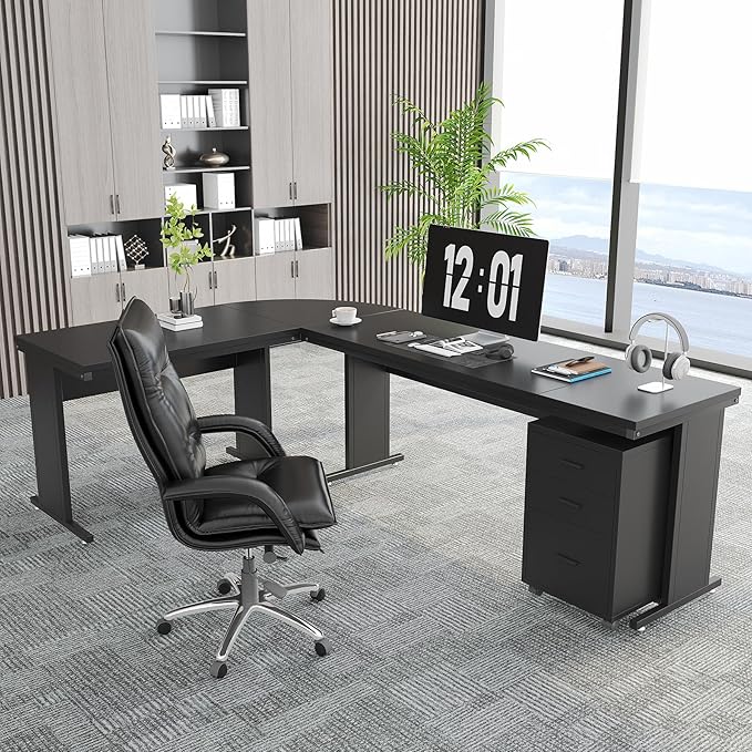 Tribesigns 83 Inch L-Shaped Office Desk Large Executive Computer Desk with 3-Drawer File Cabinet Industrial Corner Desk with Storage Drawers Business Furniture Work Desk for Home Office (Black)
