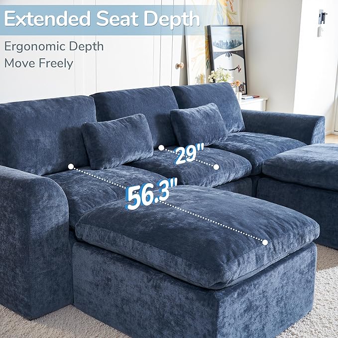 Modern Sectional Cloud Couch - 120'' Soft Modular Sectional Sofa – No Assembly Required - Deep Seat Couches with 2 Movable Ottomans - Oversized Chenille Sofa for Living Room - Blue