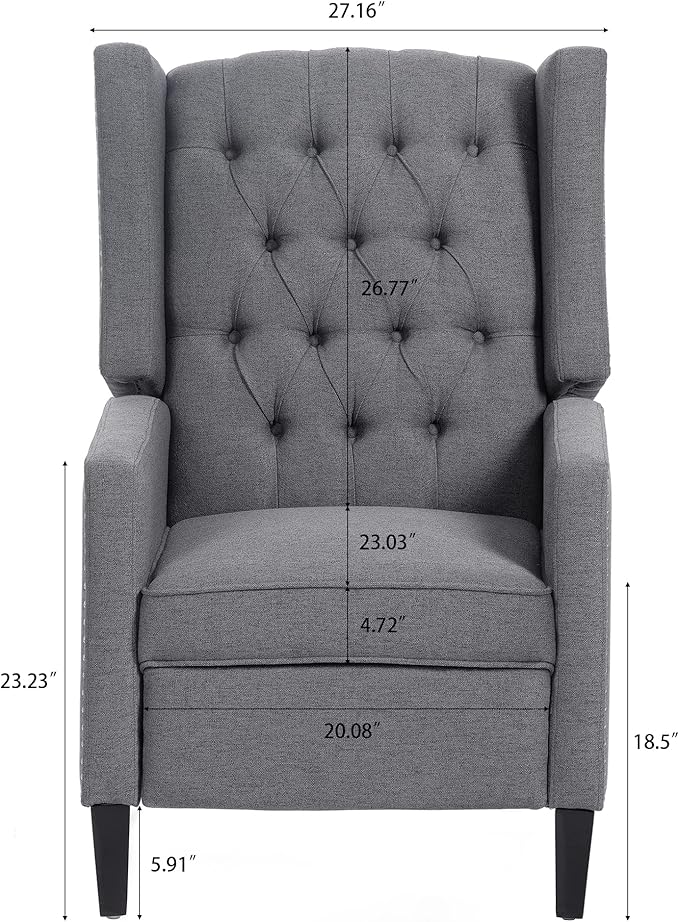 Pushback Recliner ChairComfy Wingback Recliner Sofa Chair with Adjustable BackrestTufted Fabric Accent Armchair with Vintage Rivets Trim for Living Room Office Home Theater (Gray-New)