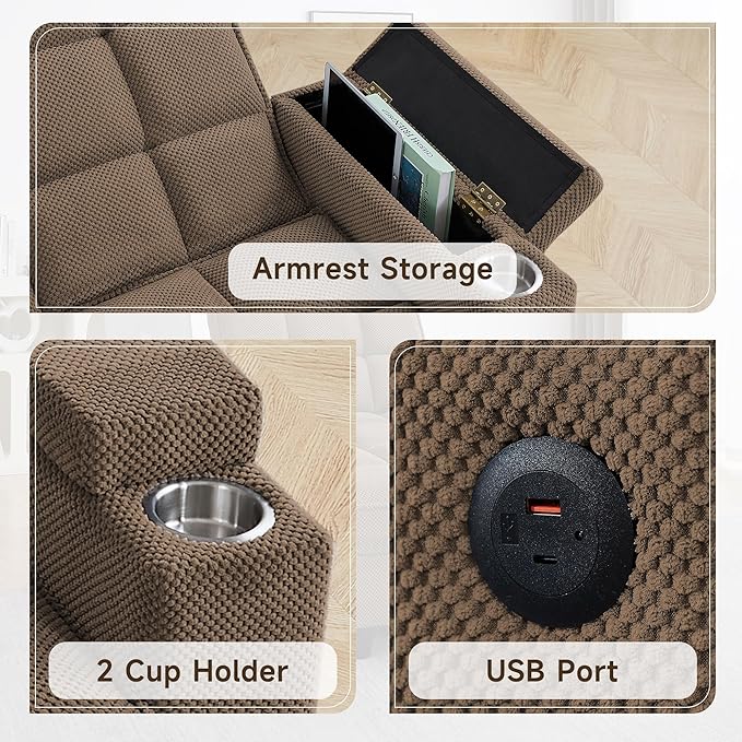 Single Modern Comfy Upholstered Chaise Lounge Sofa Chair with Rotating Side TableStoragePillowUSB Charging Ports and Adjustable Backrest Perfect for Living Room Small Spaces (Coffee)