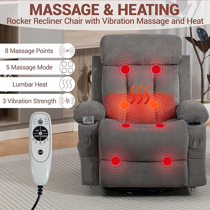 Recliner Chair for Adults 360° Swivel Rocker Glider Recliner w/Vibration Massage and Lumbar Heating Cup Holder and USB Charge Port for Living Room Bedroom Grey