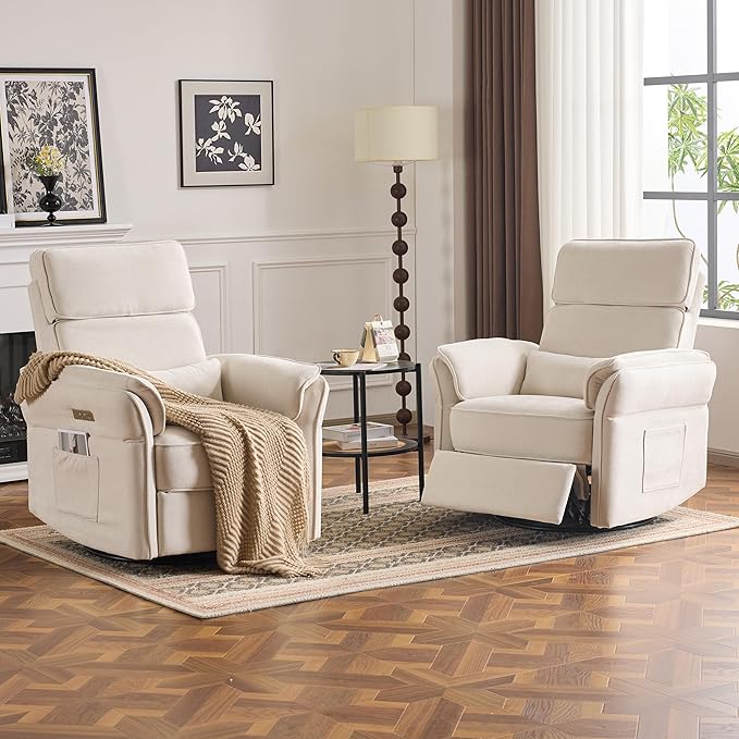 MELLCOM Power Recliner Rocking Chair Nursery Gliders with Adjustable Armrests and Headrest Swivel Electric Glider Reclining Nursing Chair with Storage Bags and USB Port FSC CertifiedBeige Fabric