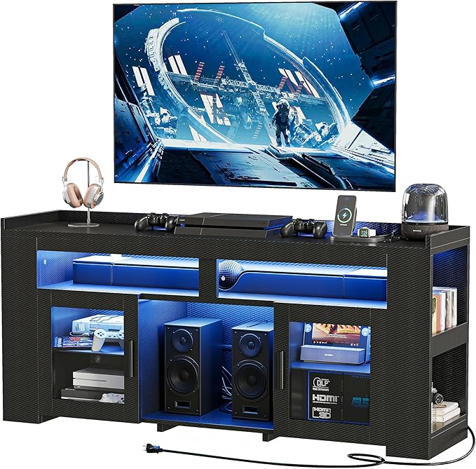 IRONCK TV Stand for TVs Up to 60 with Charging Station LED Entertainment Center Modern Carbon Fiber Media Console with Adjustable Glass Shelves &amp 2 Doors Organize Your Gaming &amp Living Room