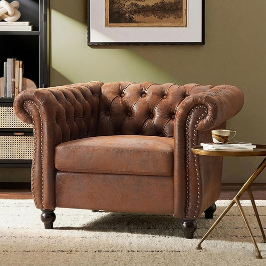Mid-Century Modern Club Chair with Scrolled Arms Tufted Upholstered Rolled Armchair with Nailhead Trim and Solid Wood Legs for Home Bedroom Reading Room (Dark Brown87)