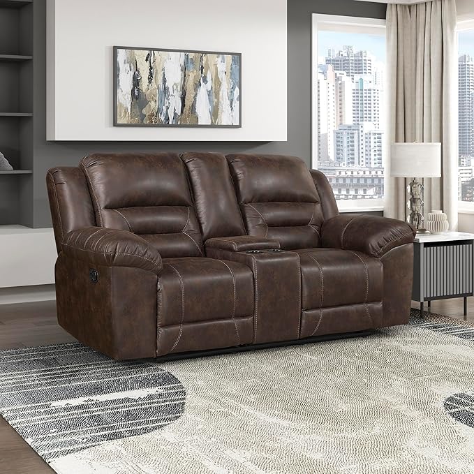 Lexicon Double Recliner Loveseat with Center Console Wall Hugger Manual Reclining Couch Textured Microfiber Upholstered Dual Reclining Love Seat Home Theater Seating Required Assembly Dark Brown