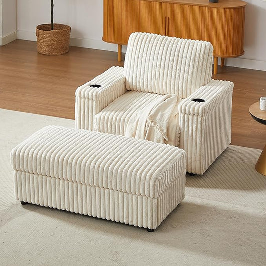 42.5 W Chaise Lounge Chair Indoor Oversized Corduroy Sleeper Chair with Wood Frame Upholstered Sofa Bed with Storage Ottoman &amp Armrest 2 Cupholders for Living Room Movie Room Bedroom