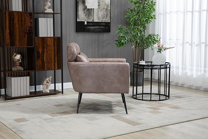 29.5 W Classical Accent Chair Armchair Upholstered Reading Chair Single Sofa Leisure Club Chair with Black Metal Leg and Throw Pillow for Living Room Bedroom Dorm Room Office Taupe Bronzing Suede