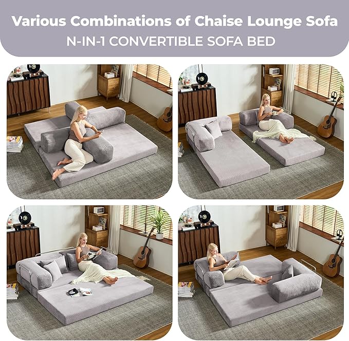 78 Inch Convertible Sofa Bed Corduroy Boneless Couch with Fixed Frame and 4 Pillows Modular Sectional Couch for Living Room Bedroom Studio Floor Bed Loveseat Sofa (Grey)
