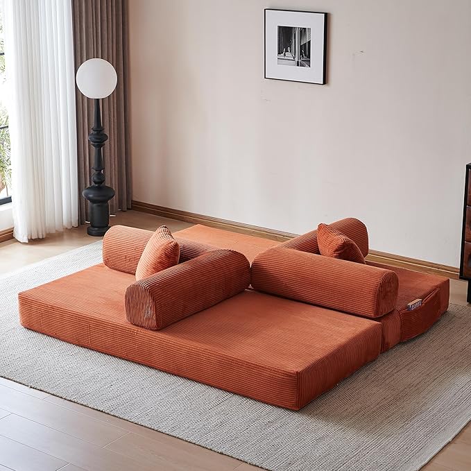 79 Convertible Sleeper Sofa Bed Modern Corduroy Floor Couch Bed with Fixed-Shape Frame Modular Sofa Couch with Pull Out Bed Boneless Loveseat Sleeper Couches for Living Room Orange