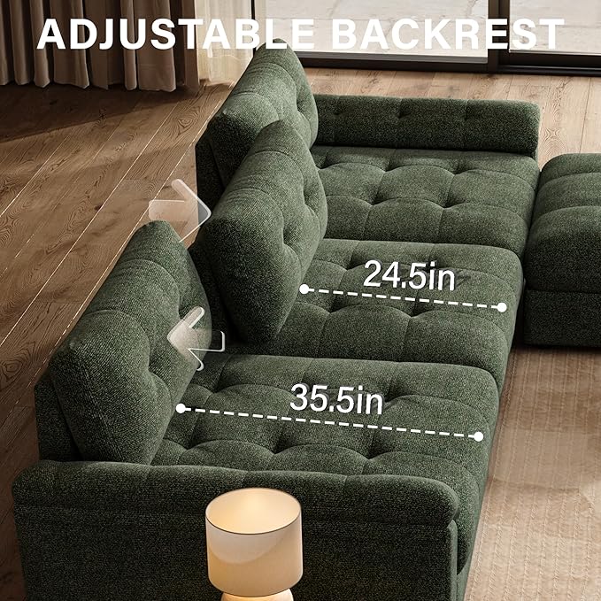 Oversized Modular Sectional Sofa with Adjustable Back Modern Comfy Sectional Couch with Storage Ottoman Deep Seat Chenille Cloud Couch for Living Room Only Single Seat Green